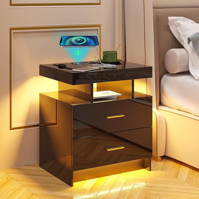 HNEBC Night Stands Set 2 with Charging Station for Bedroom, Auto LED Nightstand with Wireless/USB Port, Modern Bedside Tables has 24-Color Lights, Side Tables with 2 Drawer for Bedroom Black - Image 9