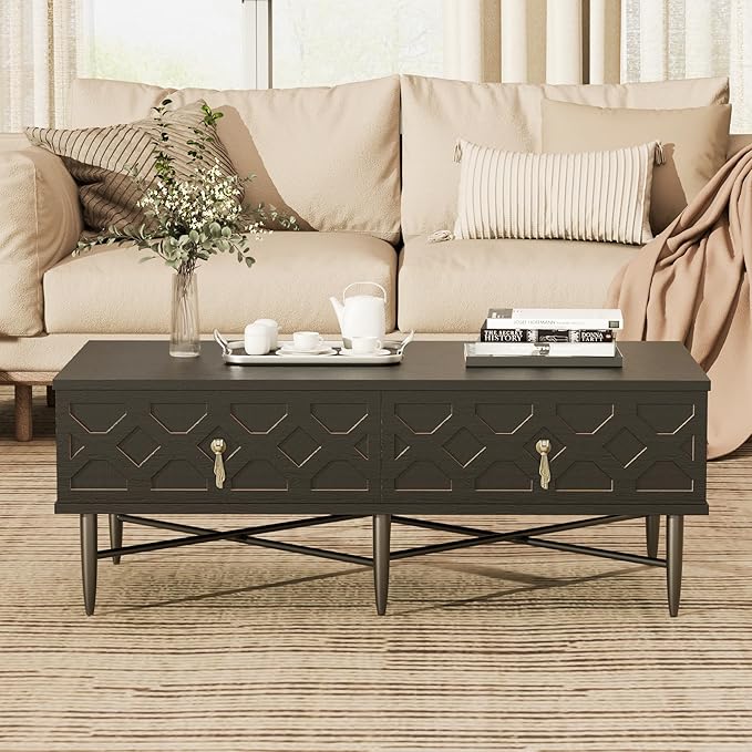 Farmhouse Coffee Table, Carved Decorative Center Table, Tea Table, Fluted Wooden Coffee Table with Storage for Living Room and Office. Ebony Black