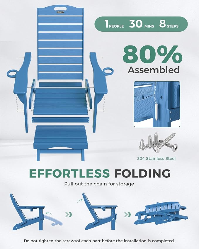 Folding Adirondack Chair with Retractable Ottoman Weather Resistant Fire Pit Chair Patio Chair with 2 Cup Holder Lawn Outdoor Lounge Chair (Navy Blue) - Image 8