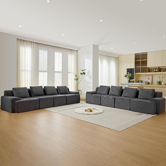 Modular Sectional Sofa, 6 Seat Modular Couch, Modular Sofa with Deep Seat and Detachable Pillow (Grey, 8 Pieces-Rowshape 2 Side)
