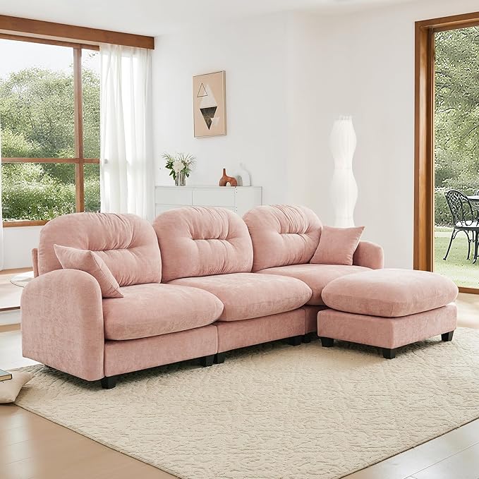 KEIKI 107" L-Shaped Oversized Chenille Modular Sectional Sofa with 1 Ottoman, High-Density Foam Cushions, Tufted Pleated Cushion Backrest, Modern 3-Seater Couch with 2 Pillow, for Living Room, Pink