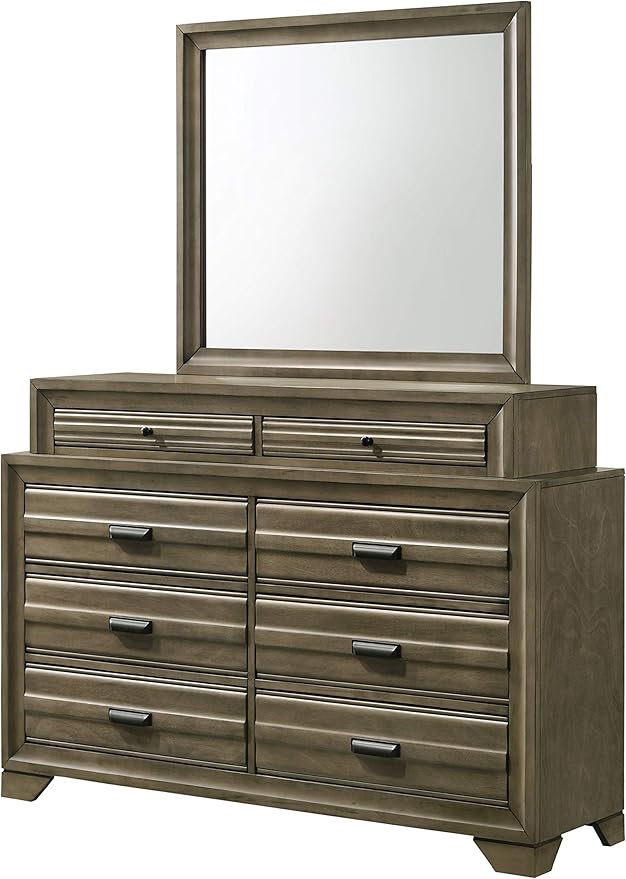 Roundhill Furniture Loiret Light Grey Finish Wood Storage Platform Queen Bedroom Set with Dresser, Mirror, Two Nightstands, Chest