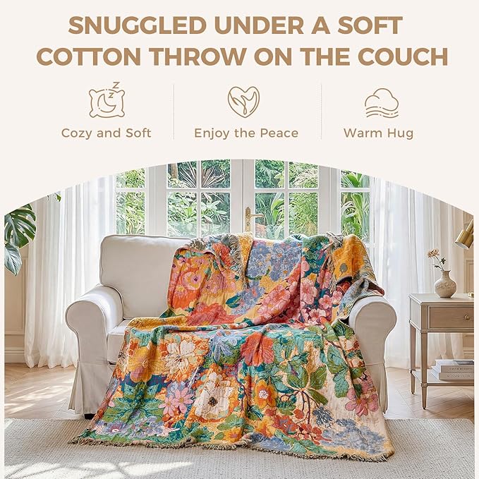 LUTBM Boho Throw Blanket for Bed Cotton Spring Blankets for Bedroom Living Room All Season Lightweight Floral Embroidery Reversible Twin Quilt for Couch Sofa Chair 60"x80" Home Decor