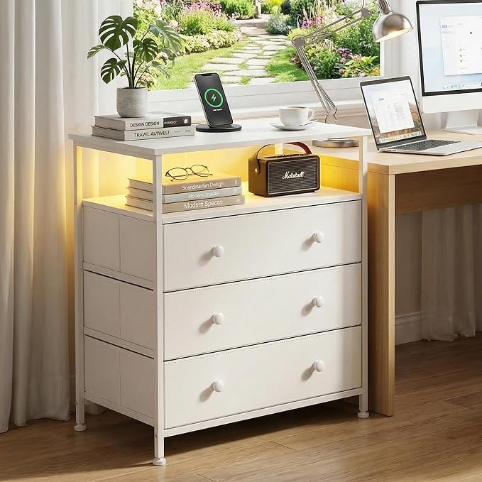 3 Drawers Dresser with Charging Station, 24 Inch Wide LED Night Stand with Adjustable Fabric Drawer, Nightstand with Storage Shelf for Living Room/Bedroom/Office, White. - Image 8
