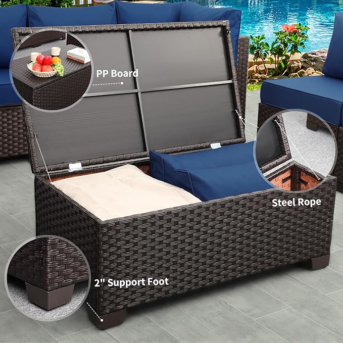 7 Pieces Outdoor Wicker Furniture Conversation Set Patio Sectional Sofa Couch Patio Storage Table Thicken(5") Non-Slip Cushions Furniture Cover, Navy Blue