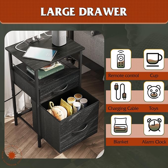 WLIVE Nightstand with Charging Station, Side Table with 2 Fabric Drawers, End Tables for Bedroom, Small Dresser, USB Ports and Outlets, Charcoal Black - Image 5