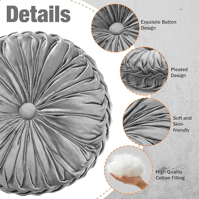 Beeveer 2 Pcs Round Throw Pillows 15 Inch Decorative Velvet Pleated Pumpkin Pillows Boho Floor Pillow with Center Button for Living Room Couch Chair Bed Sofa Home Decoration (Gray)