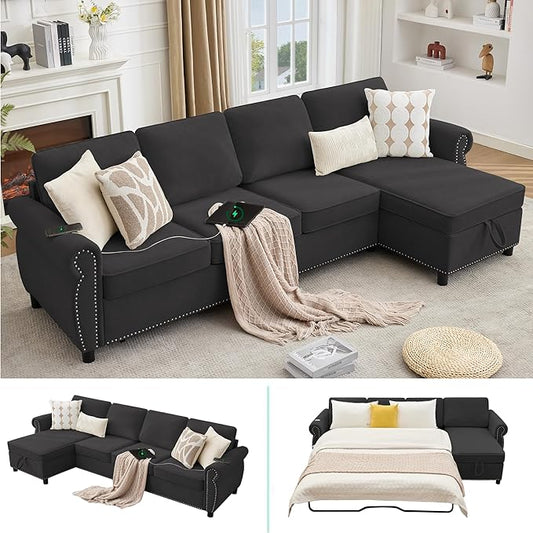 ERYE L-Shaped Reversible Sectional Sofa with Pull Out Queen Memory Mattress Sleeper Bed, 2-in-1 L-Shaped Corner Sectional Couches W/Wireless Charging, Storage Chaise Lounge