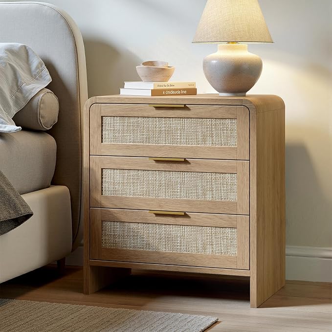 Evermagin 23" Wide Rattan Night Stand with 3 Drawer, Boho Nightstand with Storage, Wooden Bedside Table End Table for Bedroom, Light Oak by Evermagin