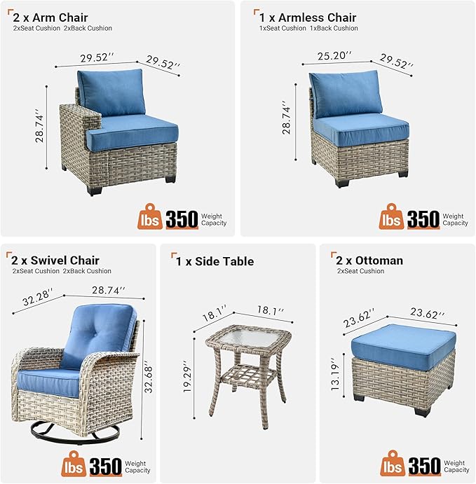 ovios 8 Piece Patio Sectional Furniture with Swivel Rocking Chairs, Rattan Wicker Coversation Set with Glowing Coffee Table, Outdoor Sofa Set for Outside Porch Balcony Backyard Pool, Blue