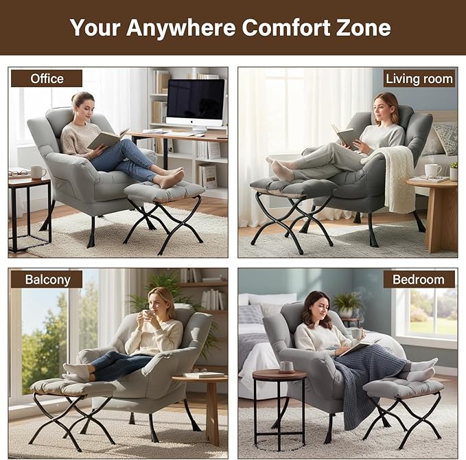 Welnow Lazy Chair with Ottoman, Modern Accent Chair with Armrests and a Side Pocket, Leisure Sofa Armchair Set, Reading Armchair with Footrest for Small Space, Light Grey