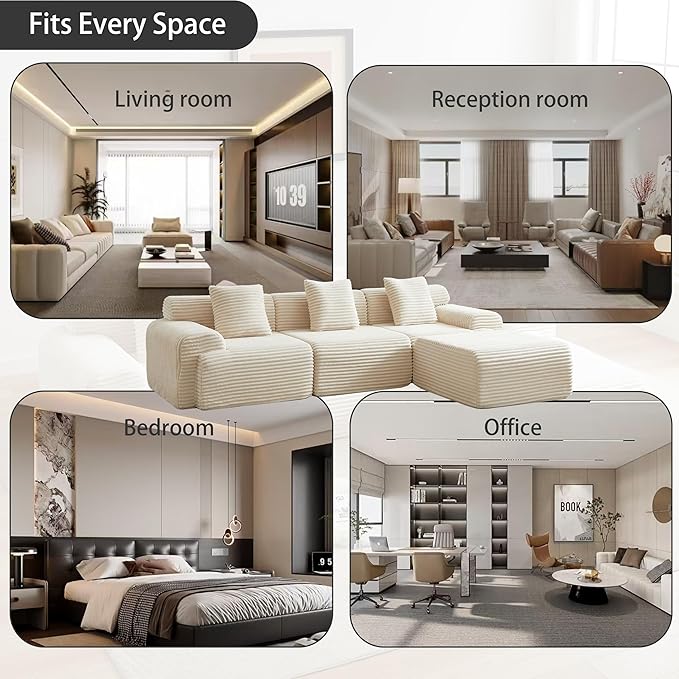 Cloud Compressed Modular Sectional Sofa, Comfy Corduroy Boneless Couch for Living Room, Modern L-Shaped Corner Couch with Reversible Ottoman, Non Slip, No Assembly & Deep Seat | Plush, Wider Armrest, Free Combination