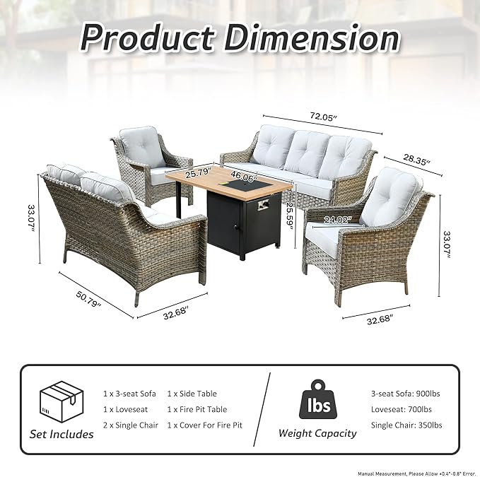 HOOOWOOO 5 Piece Patio Furniture Conversation Sets with Fire Pit Table,Outdoor Wicker Furniture,All Weather Resistant High Back Rattan Outside Furniture Patio Set(Light Grey Gray)
