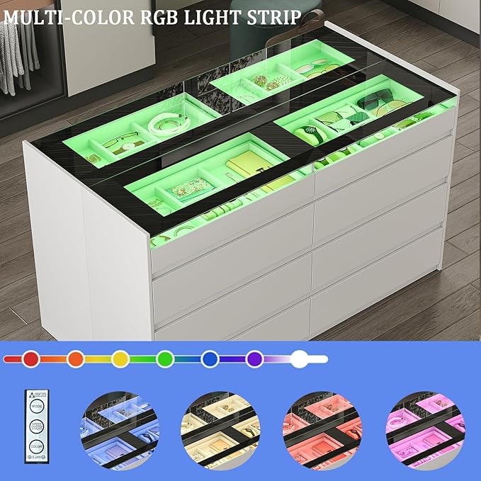 LIVAUVEAD Closet Island with Drawers, 16 Drawers Wardrobe Closet with Glass Top and LED Light，White Island Dresser with Jewelry Organizer for Bedroom & Cloakroom