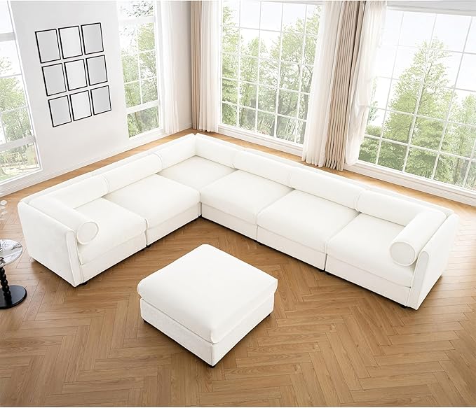 KEIKI 143" Large Modular Chenille Sectional Sofa with Storage Seat, 1 Ottoman, Modern Style 6-Seater Couch with Cylindrical Backrest and 2 Armrests, Easy Assembly, for Apartment, Living Room, White