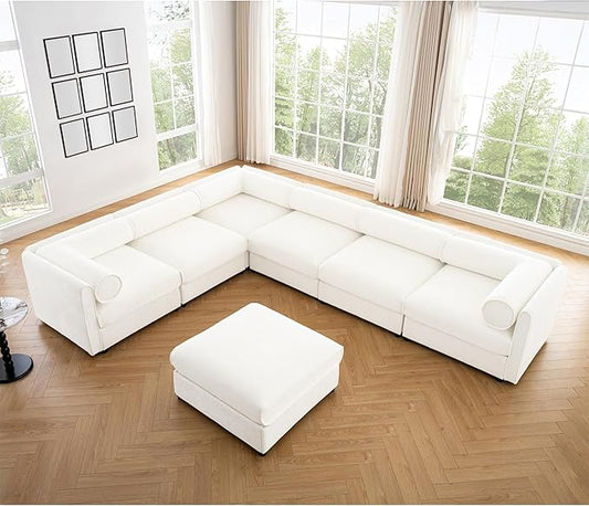 KEIKI 143" Large Modular Chenille Sectional Sofa with Storage Seat, 1 Ottoman, Modern Style 6-Seater Couch with Cylindrical Backrest and 2 Armrests, Easy Assembly, for Apartment, Living Room, White