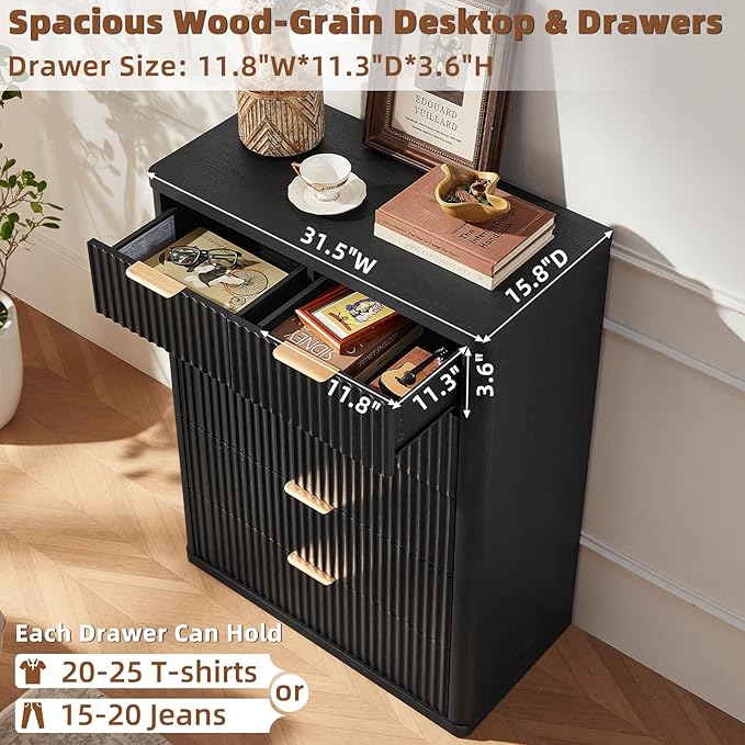 LEYAOYAO 42" Tall Fluted Dresser and 2 Drawers 23" Nightstand Set of 2, Wooden Dresser & Night Stand with Charging Station, 3 Piece Bedroom Furniture Set, Wood Chest of Drawer for Living Room,Black