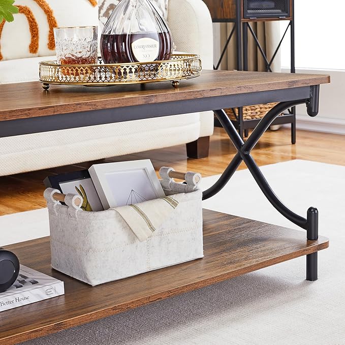 VECELO Coffee Table for Living Room with Round Corners Modern Farmhouse Center Table with Storage Shelf for Home Office 39 Inch, Easy Assembly, Retro Brown