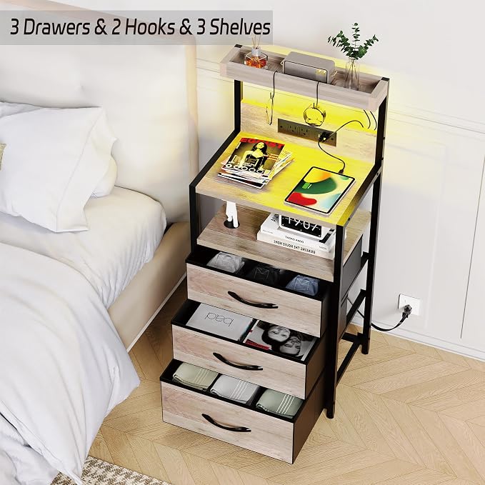 SZLHANJZ Nightstand Set of 2, Large Night Stand with LED Lights and Charging Station, 39-Inch Tall Bed Side Tables with Shelves, 3 Fabric Drawers Bedside Table for Bedroom, Greige - Image 9