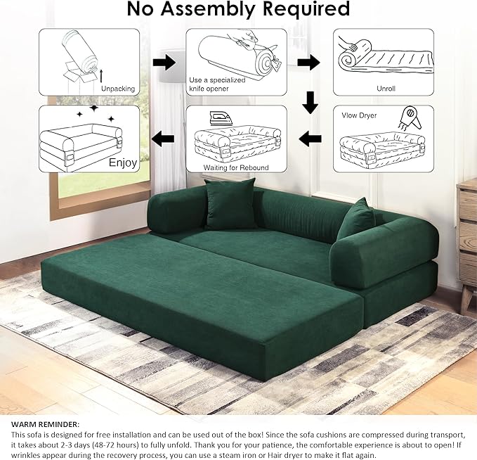 80" Convertible Sofa Bed, Corduroy Deep Seat Folding Pull Out Couch with Pillows, No Assembly Modern Boneless Couch Compression Sofa in Box, Floor Sofa with Storage Pocket for Living Room,Dark Green