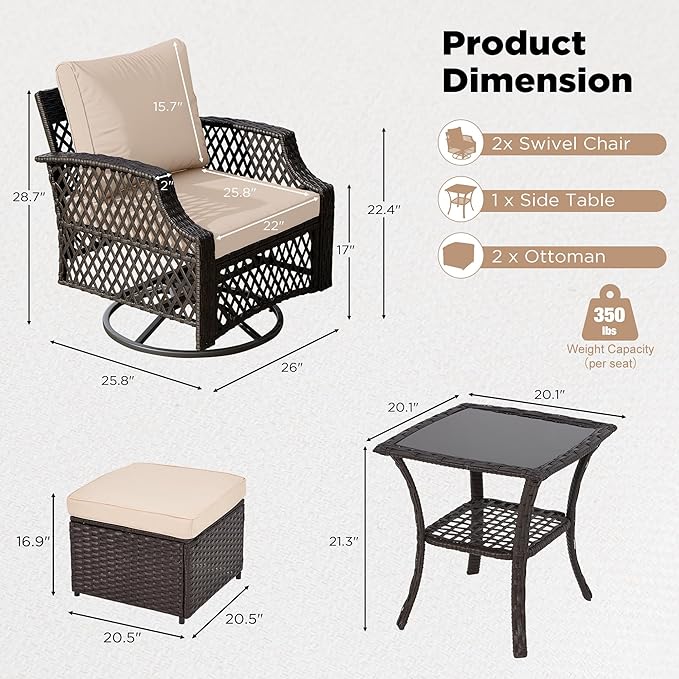 HOMREST 5 Piece Outdoor Swivel Chair Set with Ottomans, Wicker Patio Bistro Set with Thickened 25D Cushions and Glass Coffee Table, Patio Furniture Conversation Set for Yard, Garden, Poolside(Khaki)
