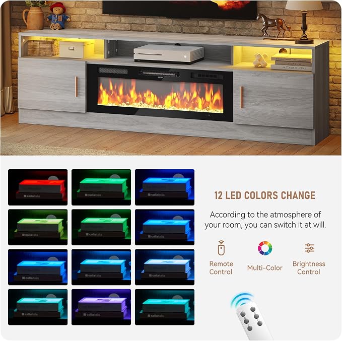 MXV 70" Fireplace TV Stand with Power Outlet for TVs UP to 80", Electric Fireplace Entertainment Center with LED Lights & Storage Cabinets, TV Console for Living Room, Office, Grey-Black - Image 5
