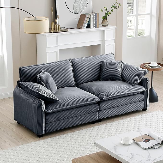 KEIKI 81" Oversized Corduroy Modular Sectional Loveseat Sofa with High-Density Foam Cushions, Removable Armrests, Upholstered Modern 2-Seater Fluffy Corner Couch with 4 Pillow, for Living Room, Grey