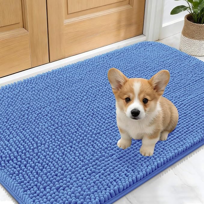 OLANLY Dog Door Mat for Muddy Paws 30x17, Absorbs Moisture and Dirt, Absorbent Non-Slip Washable Doormat, Quick Dry Chenille Mud Mat, Entry Indoor Entryway Carpet for Inside Floor, Cornflower Blue by OLANLY