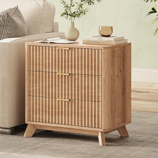 24" Tall Fluted Nightstand,3 Drawers End Table with Metal Handle,Modern Side Table with Storage,Night Stand Wood Bedside Tables for Bedroom,Curved Profile Design,Natural Oak by TROJMHome