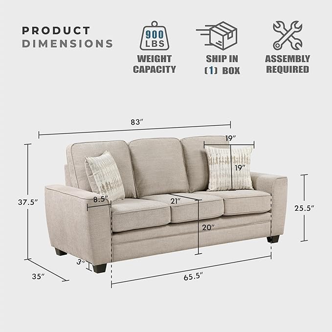 Lexicon Chenille Fabric Upholstered Sofa with 2 Pillows, with Track Arms, Reversible Back and Seat Cushions, Removable Cushion Covers, Comfy Couch for Living Room/Office/Waiting Room, Taupe