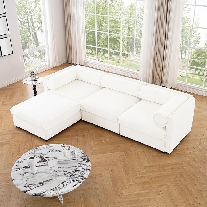 KEIKI 109" L-Shaped Modular Chenille Sectional Sofa with Storage Seat, 1 Ottoman, Modern Style 3-Seater Couch with Cylindrical Backrest and Armrests, Easy Assembly, for Apartment, Living Room, White