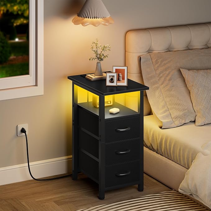 Vagusicc Set of 2 Black Nightstand with Charging Station and LED Lights, Narrow End Table, LED Night Stand with 3 Fabric Drawers for Bedroom, Small Bedside Table, Narrow Side Table for Small Spaces - Image 9