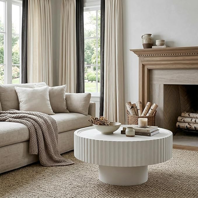 Round Coffee Table, Modern Living Room Table, Wood Center Table with Fluted Drum, Circle Coffee Tables with Fine Grain Textured Tabletop, Farmhouse Tea Tables for Living Room,30.3×13.7in