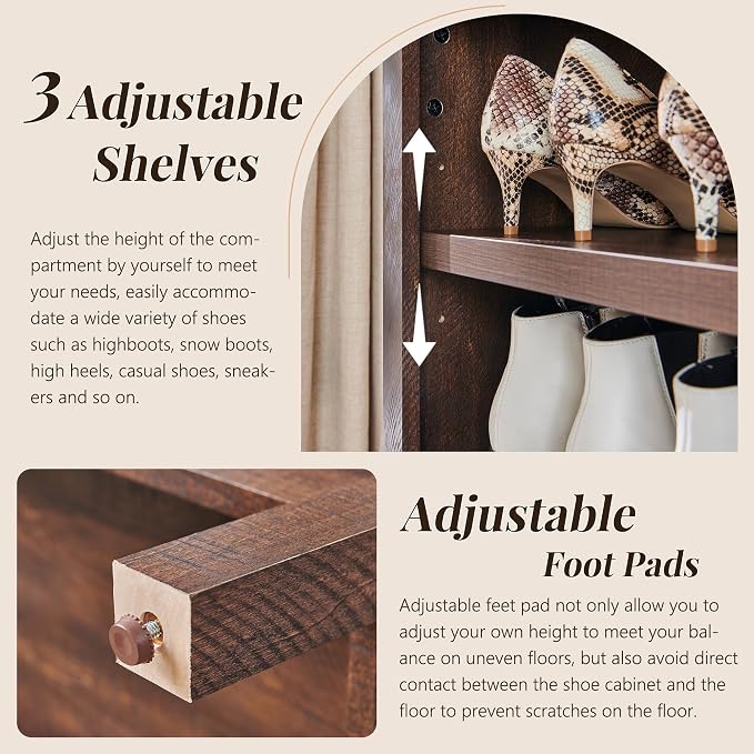 IFGET 71" Tall Arched Shoe Storage Cabinet, 7 Tiers 28 Pairs Wooden Shoe Rack with 3 Adjustable Shelves, Freestanding Shoe Closet Shelf Organizer for Entryway, Hallway, Living Room-Brown - Image 4