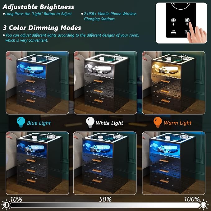 Lvifur LED Nightstand with Wireless Charging Station,3 Color Dimmable Auto Sensor Night Stand for Bedroom Furniture,Touch Screen Bedside Table with USB&Type-C Ports and 3 Drawers - Image 7