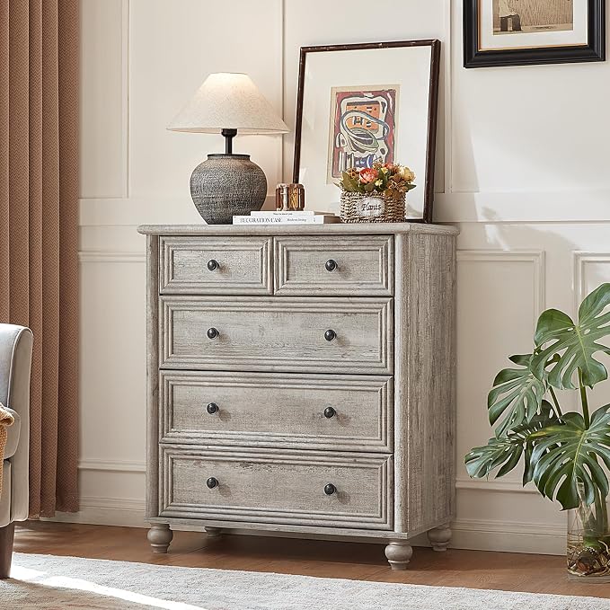 RWYHG Farmhouse 5 Drawer Dresser for Bedroom Set of 2, 35.5" Tall Small Dressers & Chest of Drawers, Rustic Wood Dresser with Roman Column, Storage Organizer for Living Room, Hallway, Closet (Grey) - Image 5