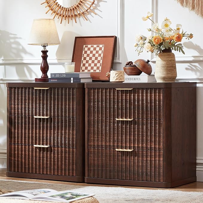 LEYAOYAO Fluted Farmhouse Nightstand Set of 2 with Charging Station, 23" Wide 3 Drawers Night Stand,Walnut Dresser for Bedroom,Bed Side Table Chest of Drawers,Wood End Table for Living Room by LEYAOYAO-Findtheshiningpointofyourideallife%EF%BC%81