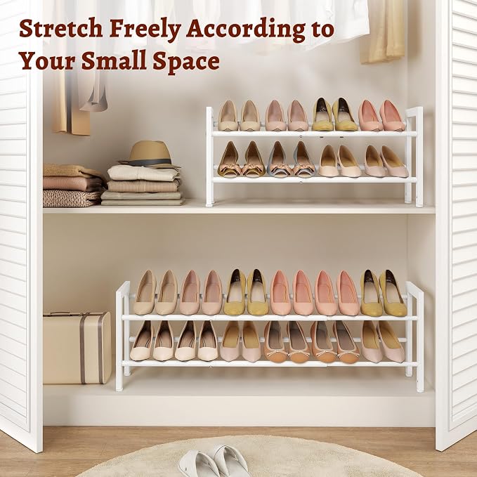 FAVOOSTY 2-Tier Expandable Shoe Rack, Adjustable Shoe Shelf Storage Organizer Space Saving Metal Free Standing Shoe Rack for Entryway Closet Doorway, White - Image 4