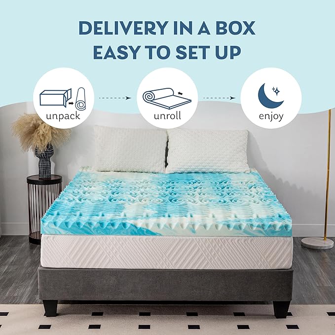 3 Inch 5-Zone Queen Memory Foam Mattress Topper, Gel Infused Foam Mattress Topper for Pressure Relief, CertiPUR-US Certified Queen Bed Topper,Blue, 60"×80"
