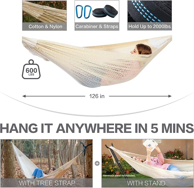 PNAEUT Handwoven Mayan Hammocks, Double Rope Hammock for Outdoor Outside & Indoor, Thick Soft 600 lbs Capacity Heavy-Duty, Includes Tree Straps, Carabiners & Carrying Bag (Nature, X-Large) - Image 6