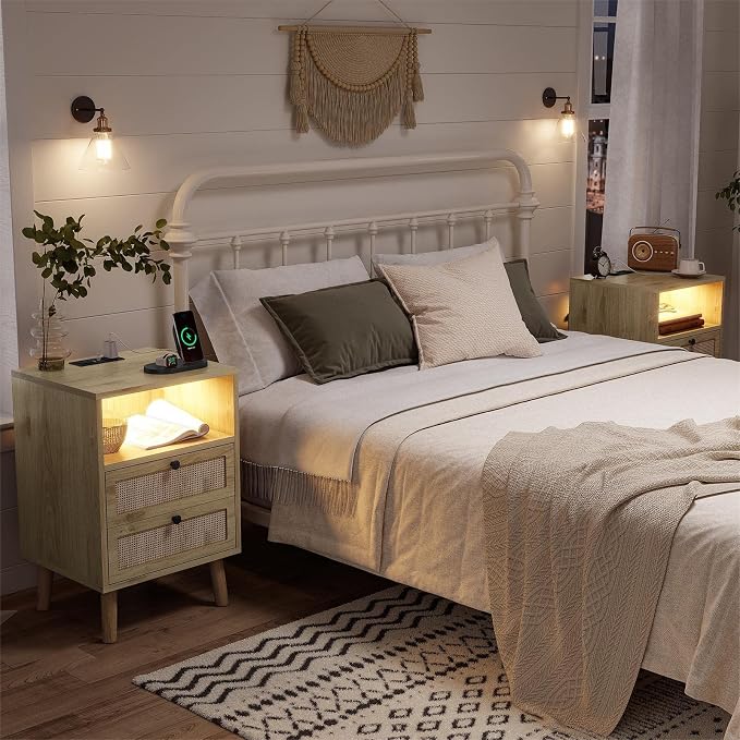 AOGLLATI Rattan Nightstands Set of 2 with Charging Station and LED, Bed Side Tables with 2 Drawers and Open Storage, Wood End Tables, Organic Modern Night Stands for Bedroom by AOGLLATI