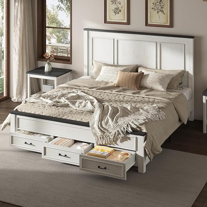 AMERLIFE 5 Pieces Farmhouse Bedroom Sets Includes King Size Farmhouse Bed Frame with 52.2" Headboard, 7 Drawers Dresser, 6 Drawer Tall Dresser, Two Nightstands with Charging Station, White