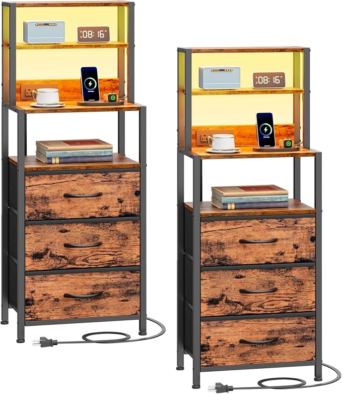 Furnulem Night Stand Set 2, LED nightstand Set of 2 with Charging Station, Bedside Table with Storage Shelf and 3 Fabric Drawers, Bed Side Table for Bedroom, Home Office, Dorm by Furnulem