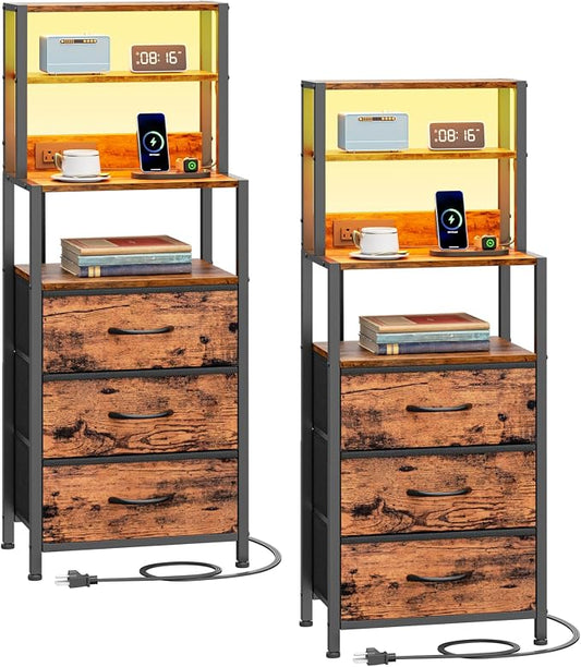 Furnulem Night Stand Set 2, LED nightstand Set of 2 with Charging Station, Bedside Table with Storage Shelf and 3 Fabric Drawers, Bed Side Table for Bedroom, Home Office, Dorm by Furnulem