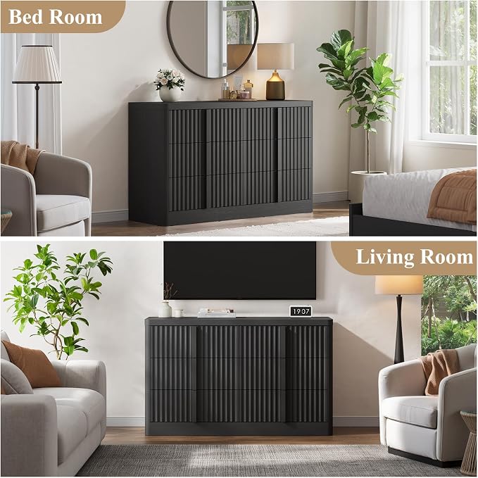Fluted Dresser for Bedroom, 47" Wide 6 Drawer Dresser, Modern Chest of Drawers with Solid Wood Handle, Curved Profile Design, Wood Dressers Storage Organizer, Living Room, Hallway, Black - Image 6