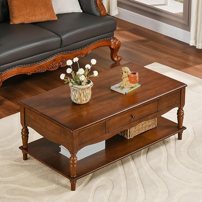 Rectangular Coffee Table with 2 Storage Drawers, Mid-century Solid Wood Living Room Table with Carved Leg, Elegant Vintage Center Table, No-Tools Assembly, 43.3”L x 23.6”W x 18”H Caramel Brown KFZC008