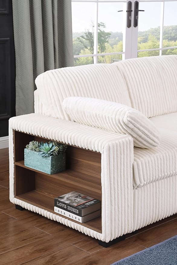 6 Seater Oversized U Shaped Sleeper Sectional Sofa Pull Out Couch Bed, Comfy Corduroy Upholstered Convertible Pullout Lounge Sofa Sofabed w/Storage Chaise, Shelves for Living Room Apartment