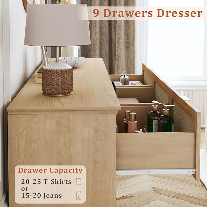 HUAHUU 9 Drawer Dresser for Bedroom, 60 Inch Long Dressers & Rattan Chest of Drawers, Large TV Stand for 55, 65, 70 Inch TV, Boho Style, Modern Dresser for, Living Room, Entryway, Bedroom, Natural Oak - Image 4