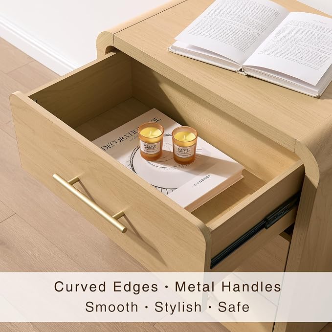 Fatmok Nightstand Set of 2, 23.6" Curved Modern Night Stand with 3-Drawer, Bedside Table, End Table for Bedroom, Large Dresser Storage Cabinet for Home Office Entryway, Natural - Image 3