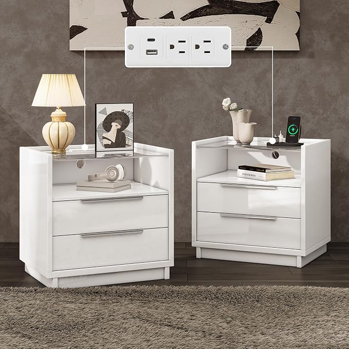 AMERLIFE Nightstand Set of 2, 23.6" End Table with Charging Station, Modern High Gloss Bedside Table with Glass Top, Spacious Drawers & Open Shelf, Easy Assembly, Nightstand for Bedroom, White by AMERLIFE